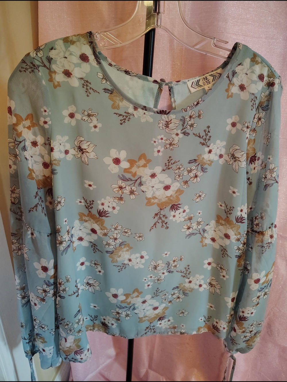 Pink Rose Floral Light Blue Long-Sleeve Blouse
